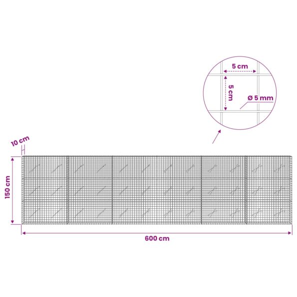 vidaXL Gabión s drôtom 5 mm a sieťou 5x5 cm 600x10x150 cm – Obrázok 6