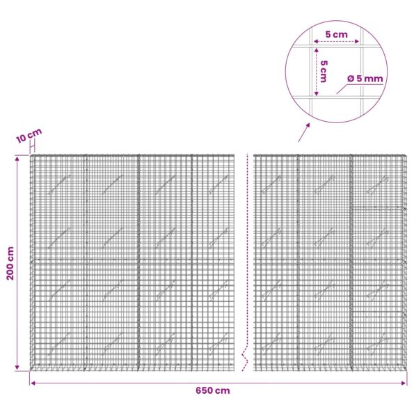 vidaXL Gabión s drôtom 5 mm a sieťou 5x5 cm 650x10x200 cm – Obrázok 6