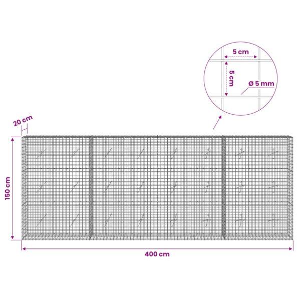 vidaXL Gabión s drôtom 5 mm a sieťou 5x5 cm 400x20x150 cm – Obrázok 6