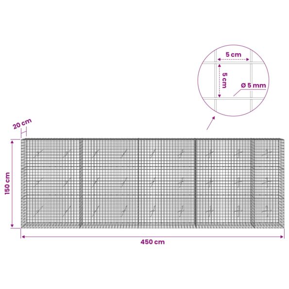 vidaXL Gabión s drôtom 5 mm a sieťou 5x5 cm 450x20x150 cm – Obrázok 6