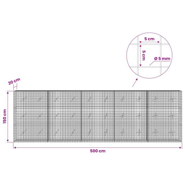 vidaXL Gabión s drôtom 5 mm a sieťou 5x5 cm 500x20x150 cm – Obrázok 6