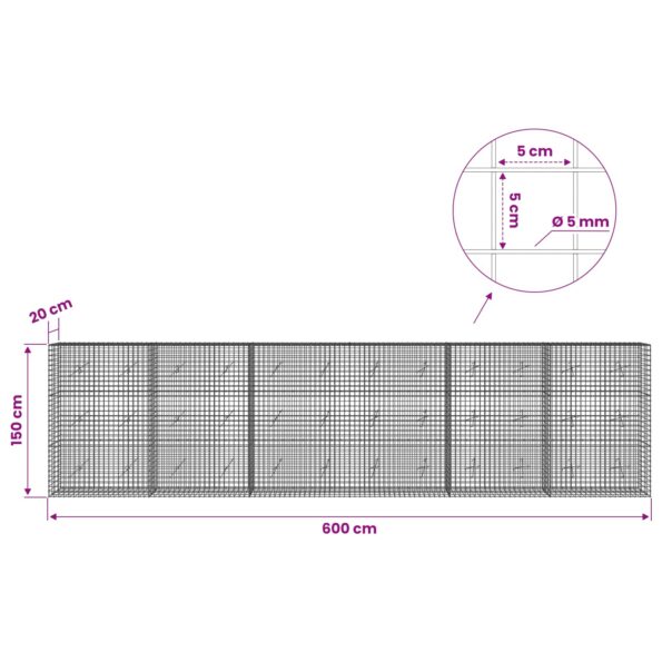 vidaXL Gabión s drôtom 5 mm a sieťou 5x5 cm 600x20x150 cm – Obrázok 6