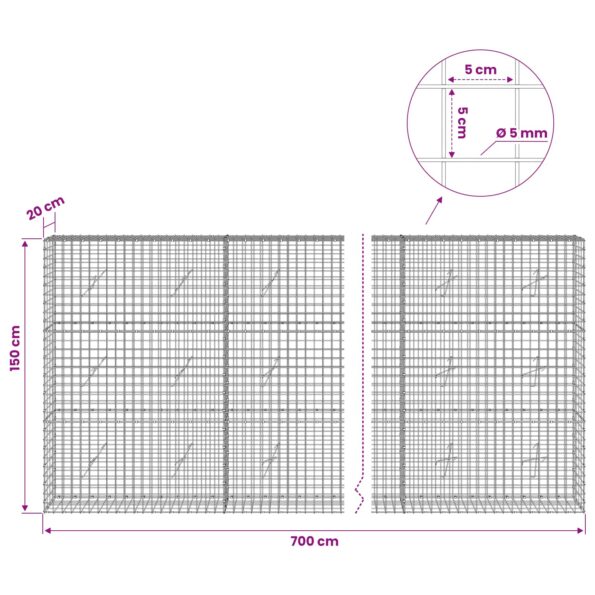 vidaXL Gabión s drôtom 5 mm a sieťou 5x5 cm 700x20x150 cm – Obrázok 6