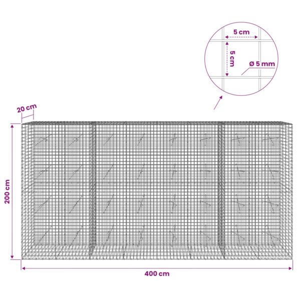 vidaXL Gabión s drôtom 5 mm a sieťou 5x5 cm 400x20x200 cm – Obrázok 6