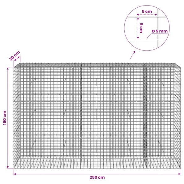 vidaXL Gabión s drôtom 5 mm a sieťou 5x5 cm 250x30x150 cm – Obrázok 6