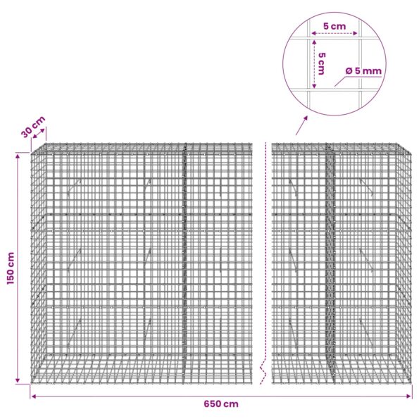 vidaXL Gabión s drôtom 5 mm a sieťou 5x5 cm 650x30x150 cm – Obrázok 6