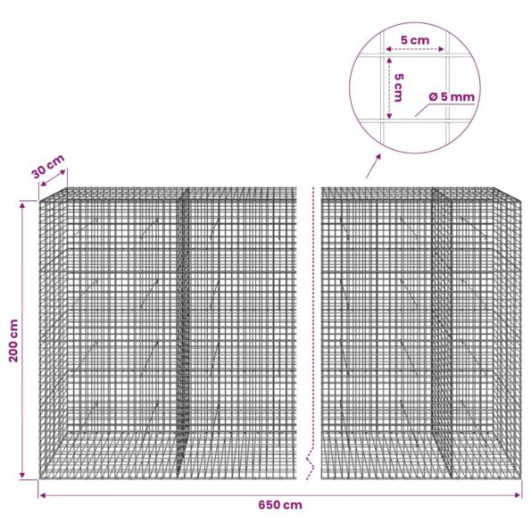 vidaXL Gabión s drôtom 5 mm a sieťou 5x5 cm 650x30x200 cm – Obrázok 6