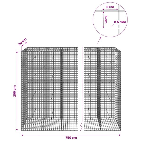 vidaXL Gabión s drôtom 5 mm a sieťou 5x5 cm 750x30x200 cm – Obrázok 6