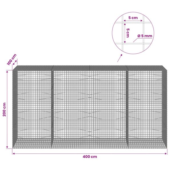 vidaXL Gabión s drôtom 5 mm a sieťou 5x5 cm 400x100x200 cm – Obrázok 6
