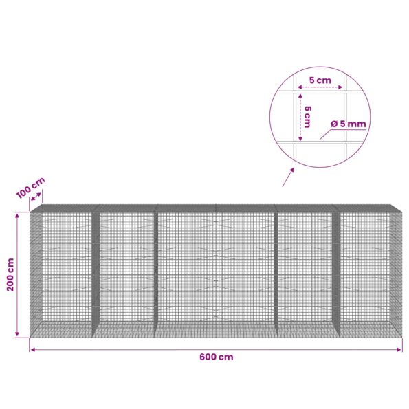 vidaXL Gabión s drôtom 5 mm a sieťou 5x5 cm 600x100x200 cm – Obrázok 6
