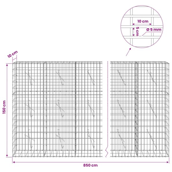 vidaXL Gabión s drôtom 5 mm a sieťou 5x10 cm 850x10x150 cm – Obrázok 6