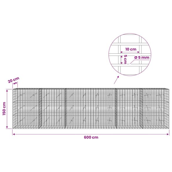 vidaXL Gabión s drôtom 5 mm a sieťou 5x10 cm 600x20x150 cm – Obrázok 6
