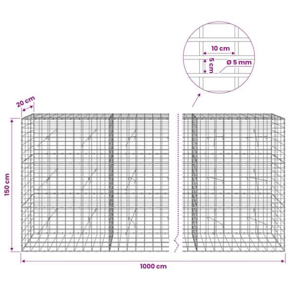 vidaXL Gabión s drôtom 5 mm a sieťou 5x10 cm 1000x20x150 cm – Obrázok 6