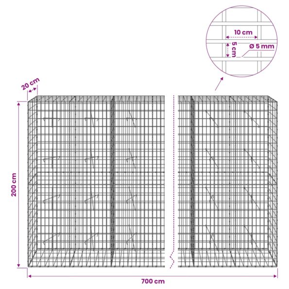vidaXL Gabión s drôtom 5 mm a sieťou 5x10 cm 700x20x200 cm – Obrázok 6