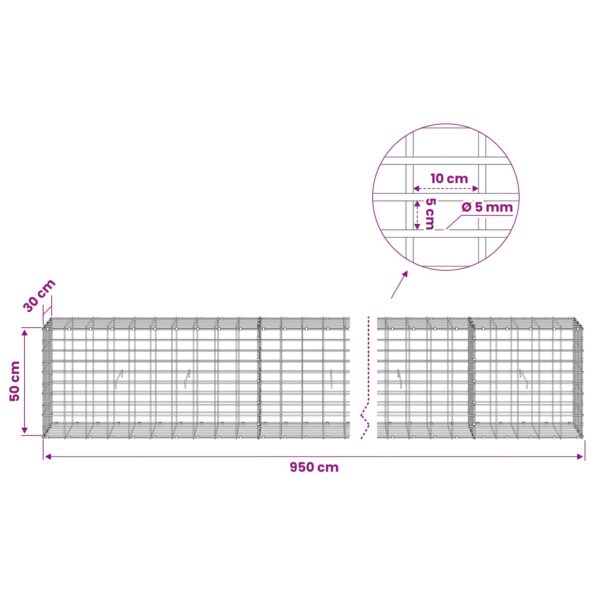vidaXL Gabión s drôtom 5 mm a sieťou 5x10 cm 950x30x50 cm – Obrázok 6