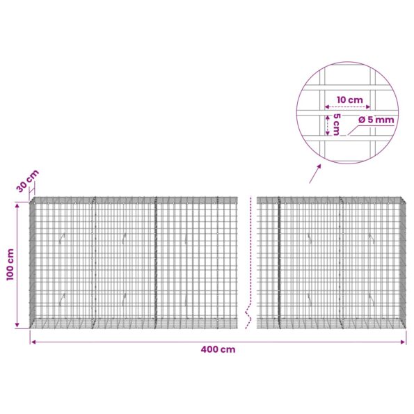 vidaXL Gabión s drôtom 5 mm a sieťou 5x10 cm 400x30x100 cm – Obrázok 6