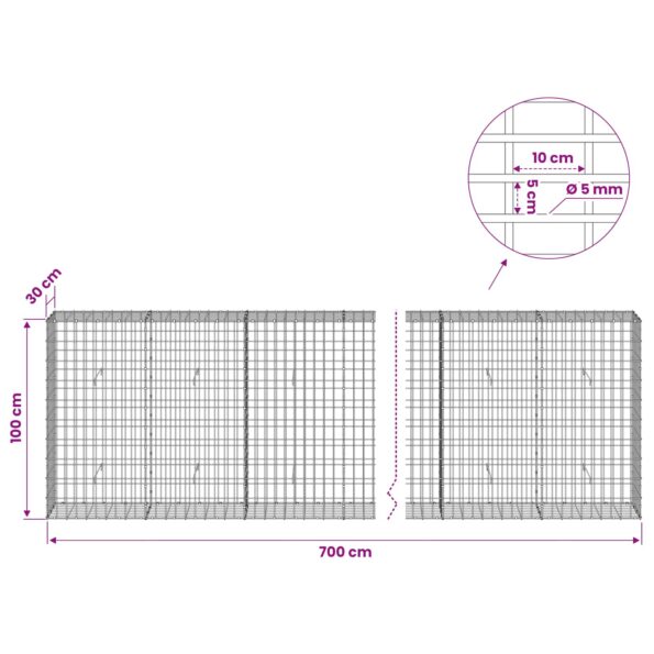 vidaXL Gabión s drôtom 5 mm a sieťou 5x10 cm 700x30x100 cm – Obrázok 6