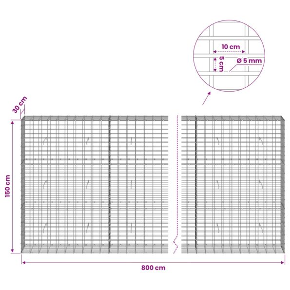 vidaXL Gabión s drôtom 5 mm a sieťou 5x10 cm 800x30x150 cm – Obrázok 6
