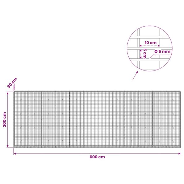 vidaXL Gabión s drôtom 5 mm a sieťou 5x10 cm 600x30x200 cm – Obrázok 6