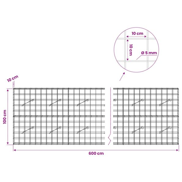vidaXL Gabión s drôtom 5 mm a sieťou 10x10 cm 600x10x100 cm – Obrázok 6
