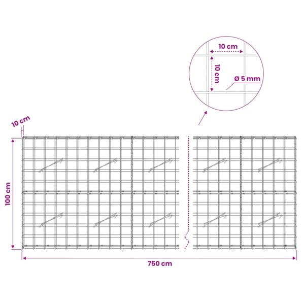 vidaXL Gabión s drôtom 5 mm a sieťou 10x10 cm 750x10x100 cm – Obrázok 6
