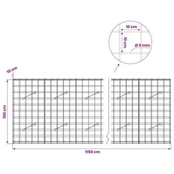vidaXL Gabión s drôtom 5 mm a sieťou 10x10 cm 1150x10x100 cm – Obrázok 6