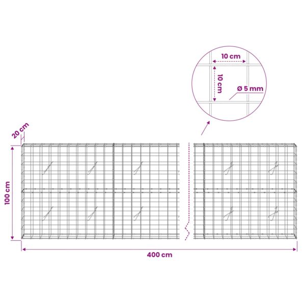 vidaXL Gabión s drôtom 5 mm a sieťou 10x10 cm 400x20x100 cm – Obrázok 6
