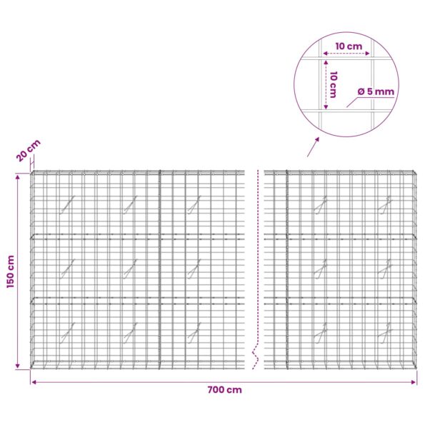 vidaXL Gabión s drôtom 5 mm a sieťou 10x10 cm 700x20x150 cm – Obrázok 6