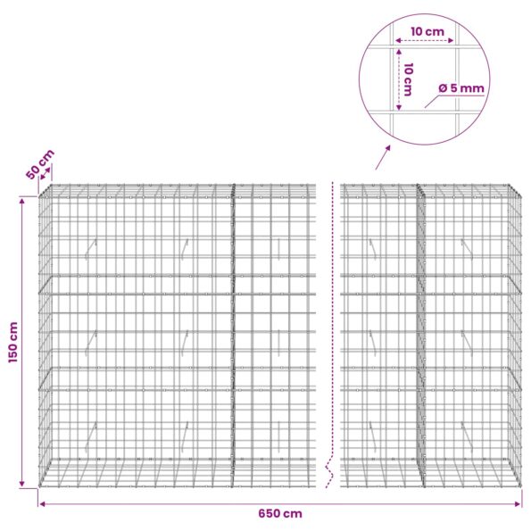 vidaXL Gabión s drôtom 5 mm a sieťou 10x10 cm 650x50x150 cm – Obrázok 6