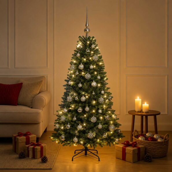 vidaXL Umelý vianočný stromček s guľami 120 cm 150 LED Teplá biela – Obrázok 3