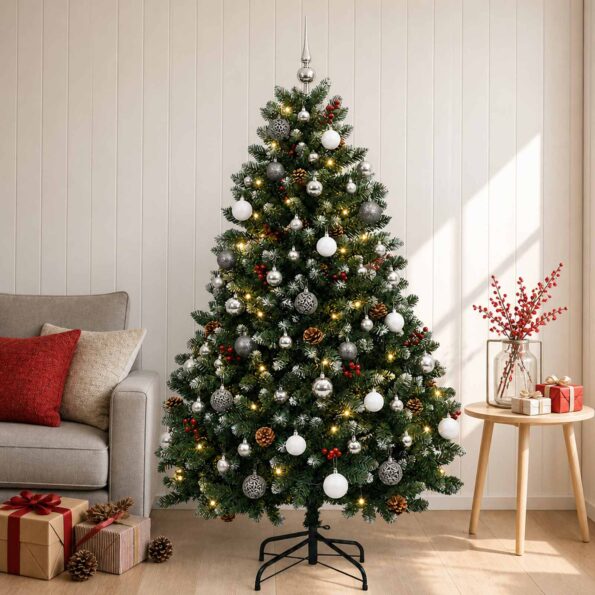vidaXL Umelý vianočný stromček zelený s guľami 150 cm 150 LED – Obrázok 3