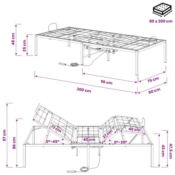 vidaXL Elektrický nastaviteľný rám postele Čierna 200 x 80 x 33,5 cm – Obrázok 11