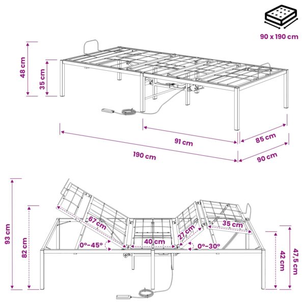 vidaXL Elektrický nastaviteľný rám postele Čierna 90 x 190 x 48 cm – Obrázok 11