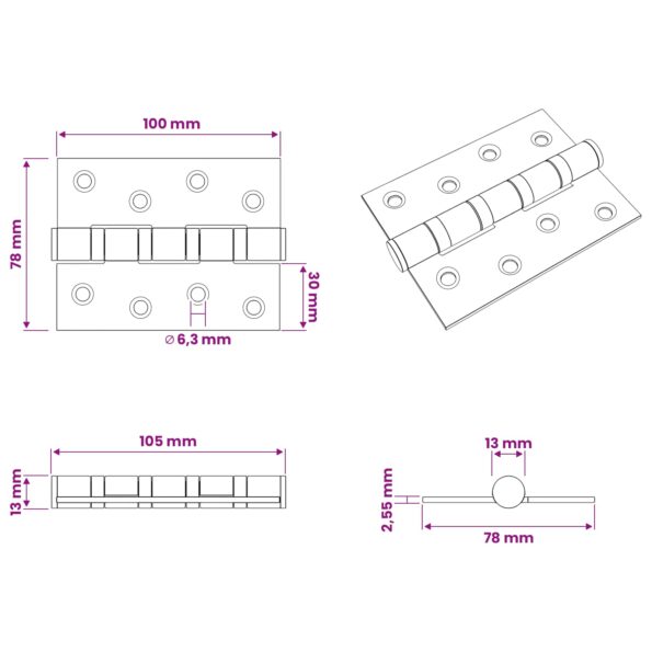 vidaXL Pánt 8 ks 100 x 78 x 13 mm Strieborná Oceľ – Obrázok 10