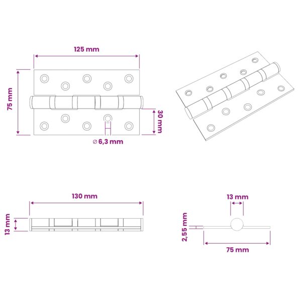 vidaXL Pánt 16 ks 125 x 75 x 13 mm Strieborná Oceľ – Obrázok 10