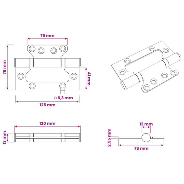 vidaXL Pánt 8 ks 125 x 78 x 13 mm Strieborná Oceľ – Obrázok 9