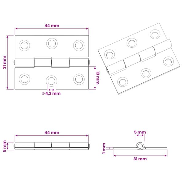 vidaXL Pánt 12 ks 44 x 31 x 5 mm Strieborná Oceľ – Obrázok 9