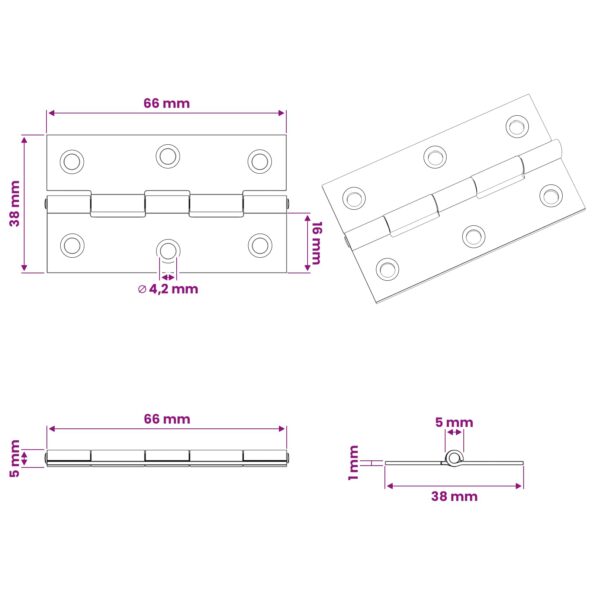 vidaXL Pánt 12 ks 66 x 38 x 5 mm Strieborná Oceľ – Obrázok 9