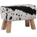 vidaXL lavička 60 x 30 x 45 cm Skutočná koža Čierna a biela – Obrázok 2