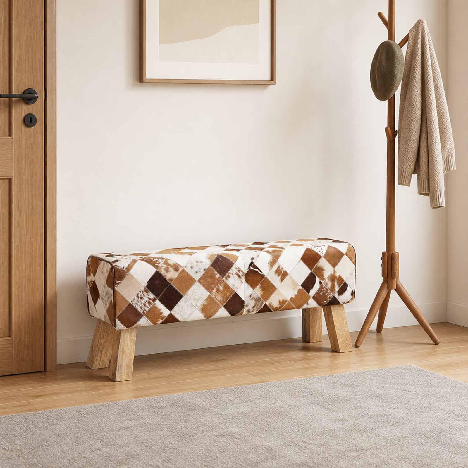 42042115_1.jpg vidaXL lavička 110 x 30 x 45 cm Skutočná koža Hnedý patchwork – Obrázok 1