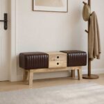 vidaXL lavička 110 x 30 x 45 cm Skutočná koža Tmavohnedá