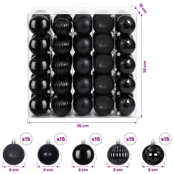 vidaXL Sada vianočných gúľ 75 ks Čierna 6 cm Polystyrén – Obrázok 6