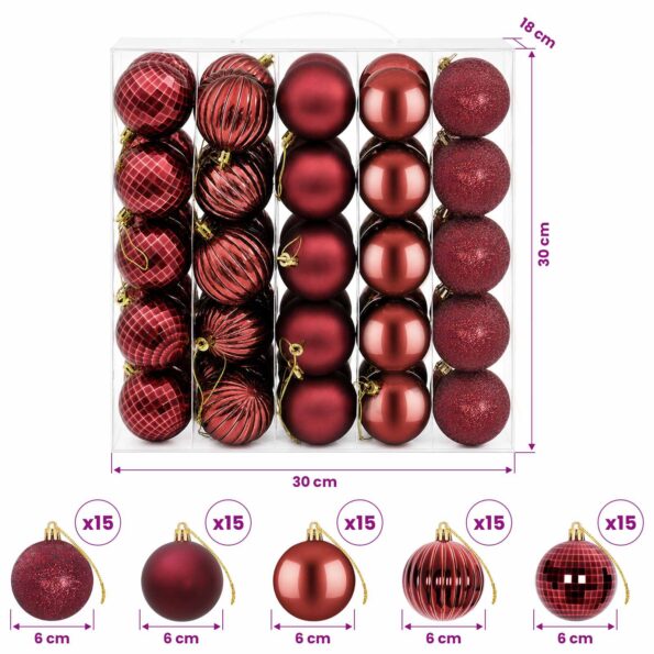 vidaXL Sada vianočných gúľ 75 ks Víno červené 6 cm Polystyrén – Obrázok 6