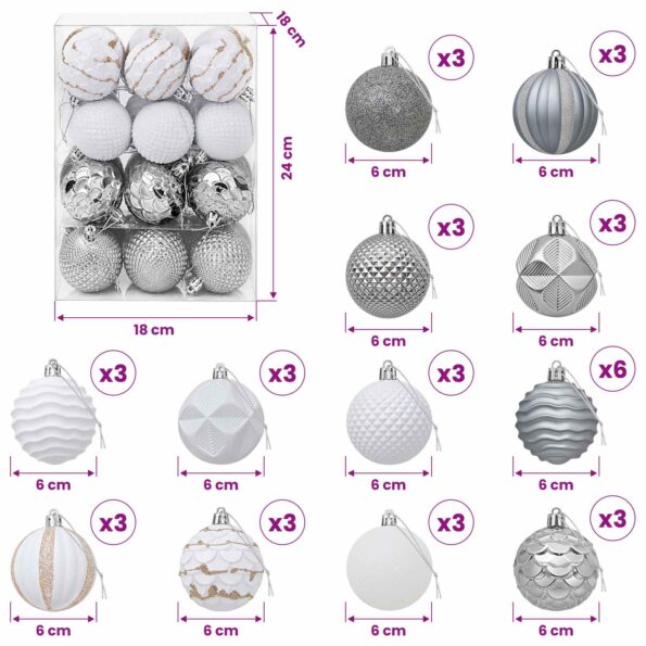 vidaXL Sada vianočných gúľ 36 ks Biela a šedá 6 cm Polystyrén – Obrázok 6