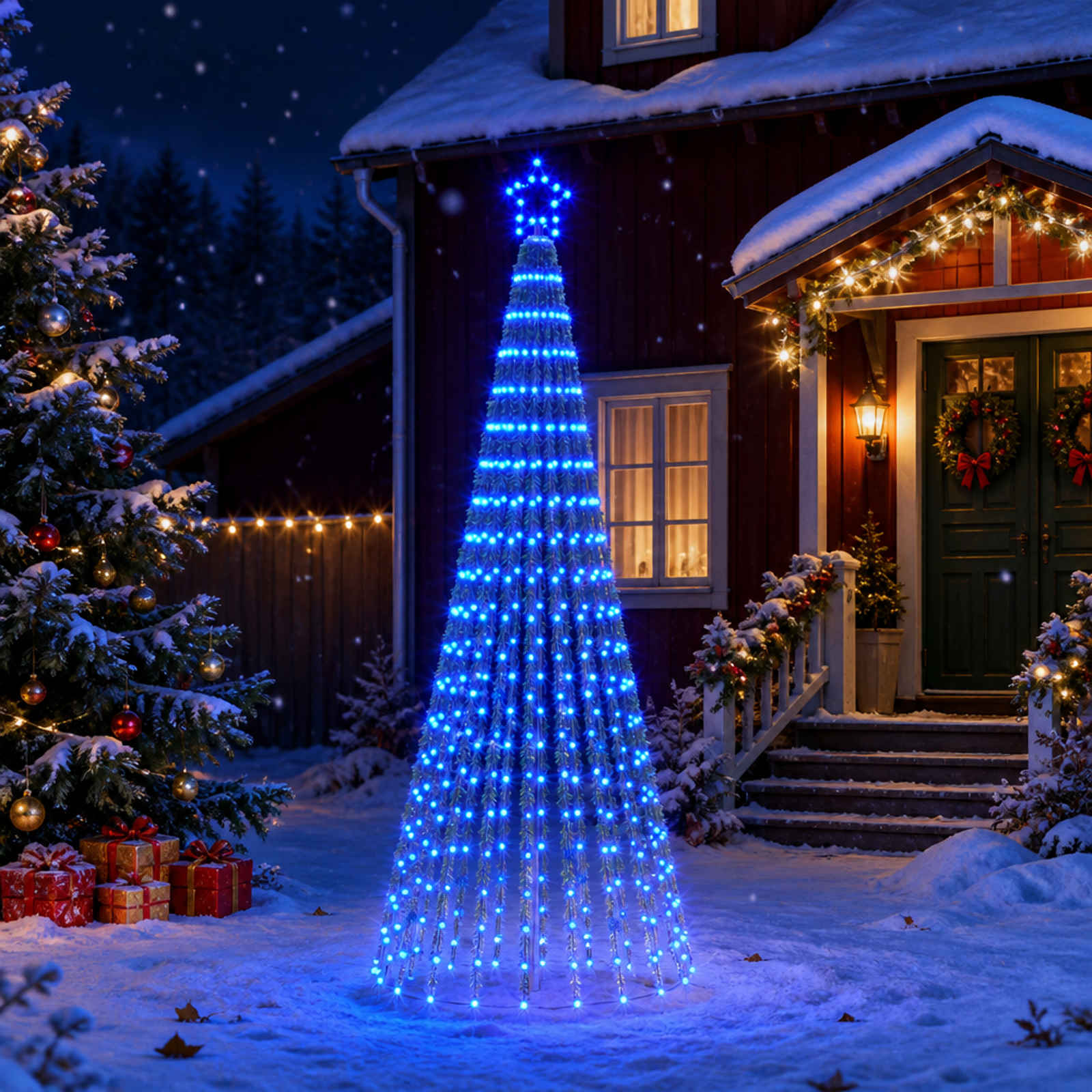 42050830_1.jpg vidaXL LED vianočný stromček 250 cm 475 LED Modrá Oceľ Čierna – Obrázok 1
