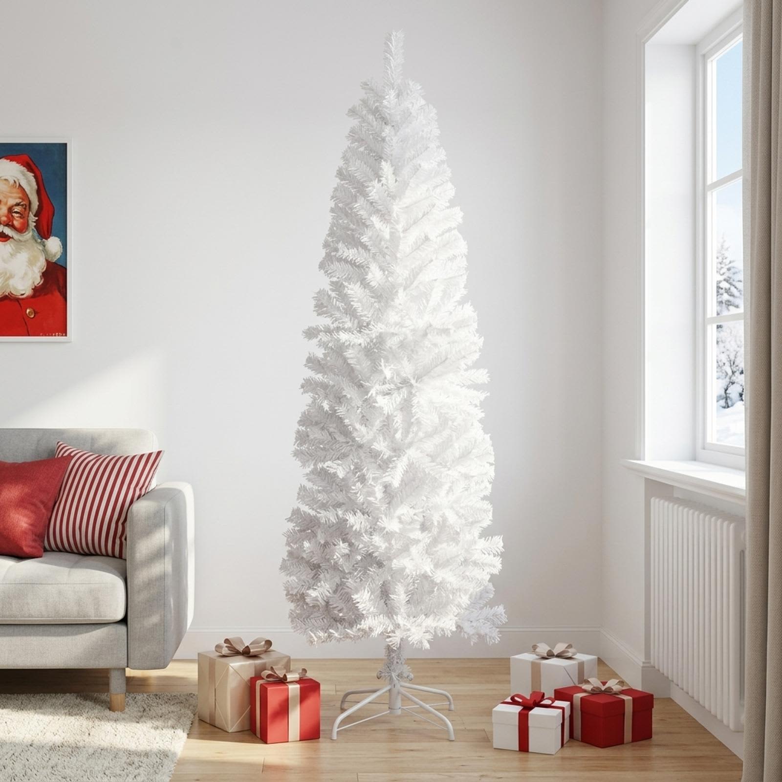 42055243_1.jpg vidaXL Umelý chudý vianočný strom 210 cm PVC a oceľ Biela – Obrázok 1