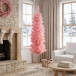 vidaXL Umelý chudý vianočný strom 150 cm PVC a oceľ Ružová