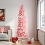 vidaXL Umelý chudý vianočný strom 210 cm PVC a oceľ Ružová