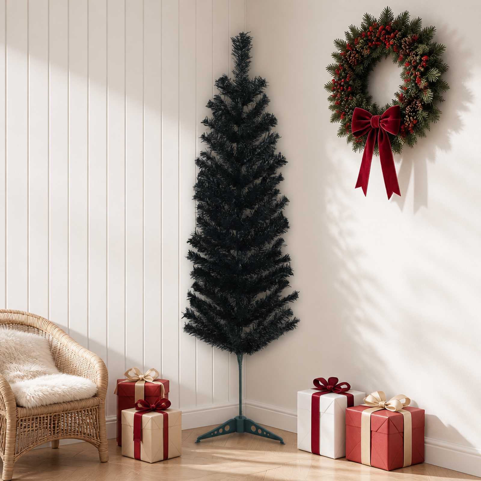 42055251_1.jpg vidaXL Umelý chudý vianočný strom 150 cm PVC a oceľ Čierna – Obrázok 1