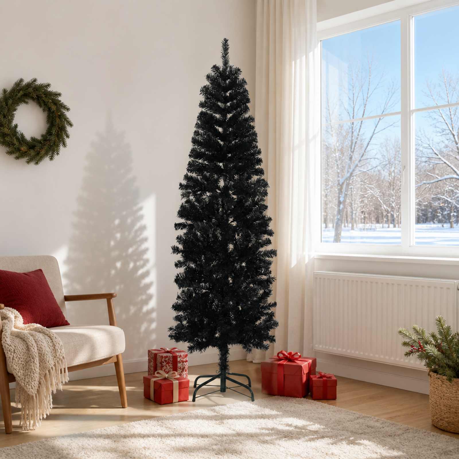 42055252_1.jpg vidaXL Umelý chudý vianočný strom 180 cm PVC a oceľ Čierna – Obrázok 1